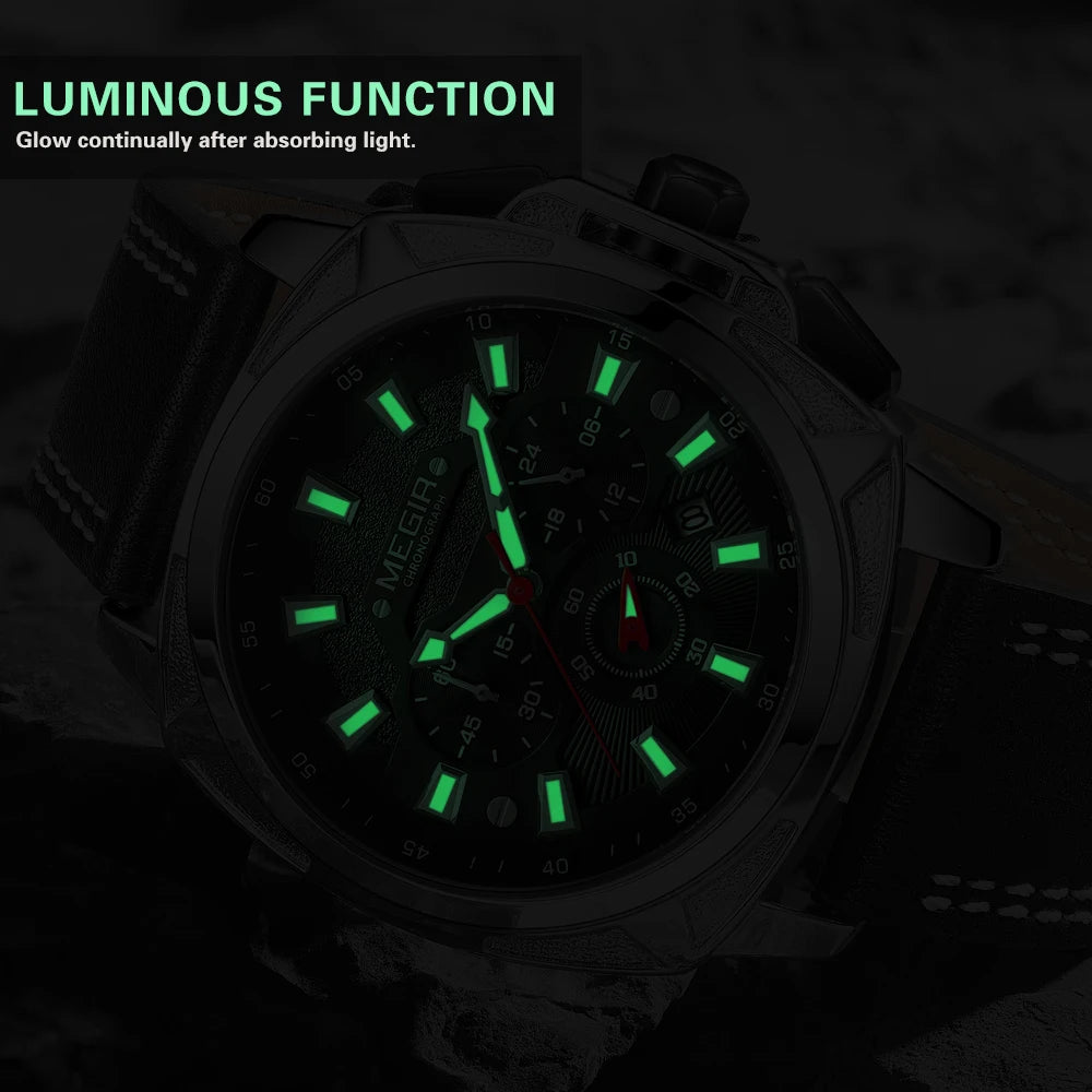 MEGIR Men Sport Watches 46MM Big Dial Chronograph Clock Luxury Quartz Casual Wristwatch Waterproof with Auto Date Relogio +Box