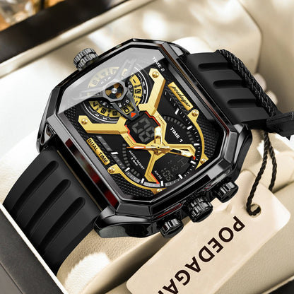 POEDAGAR Luxury Men Wristwatch Date Week Luminous LED Quartz Man Clock Silicone Strap Electronic Dual Time Fashion Men's Watches