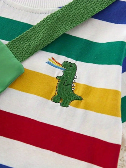 Children's Dinosaur Themed Fashionable Striped Shirt And Shorts Set Embroidered Dinosaur Design Includes Dinosaur Accessory