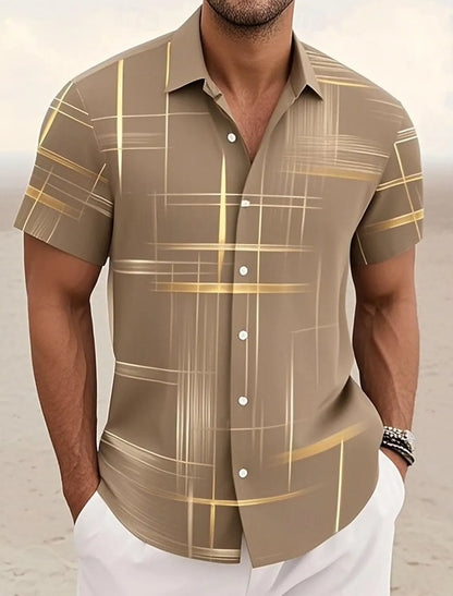 Summer Men's Geometric Grid  Plaid Shirts Short SleeveTurndown Hawaiian Shirt Button Up Shirts No Pockets Shirts