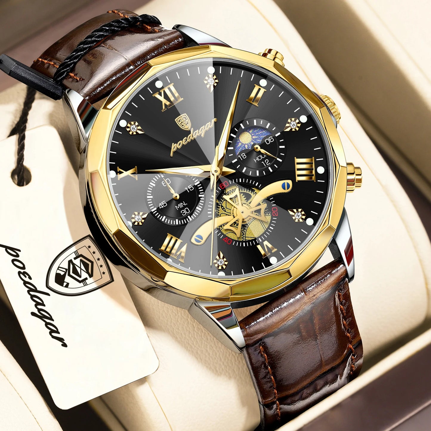 POEDAGAR Luxury Classic Men Clock Waterproof Luminous Chronograph Fashion Man Watch Leather Quartz Casual Business Men's Watches