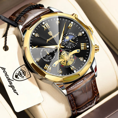 POEDAGAR Luxury Classic Men Clock Waterproof Luminous Chronograph Fashion Man Watch Leather Quartz Casual Business Men's Watches