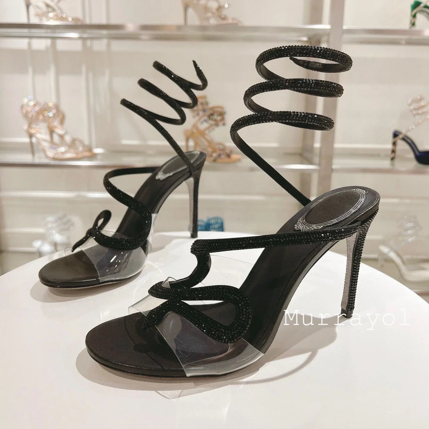 Crystal Decor Snake Shaped Elastic Strap Sandals Women PVC Transparent One Strap Thin Heels Sandalias Summer Dress Shoes Pumps