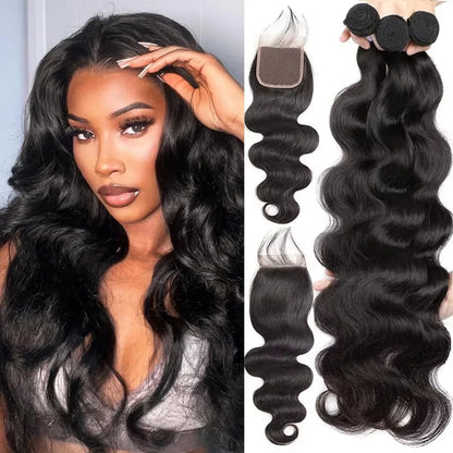 100% Human Hair Body Wave Bundles Human Hair With Closure Brazilian Natural Black 3/4 Bundle Virgin Hair Raw Hair Extensions