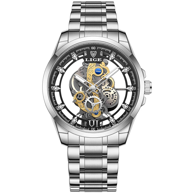 2025 LIGE Men Watch Skeleton Automatic Quartz Watch Gold Skeleton Vintage Man Watch Mens Watches Top Brand Luxury часы мужские