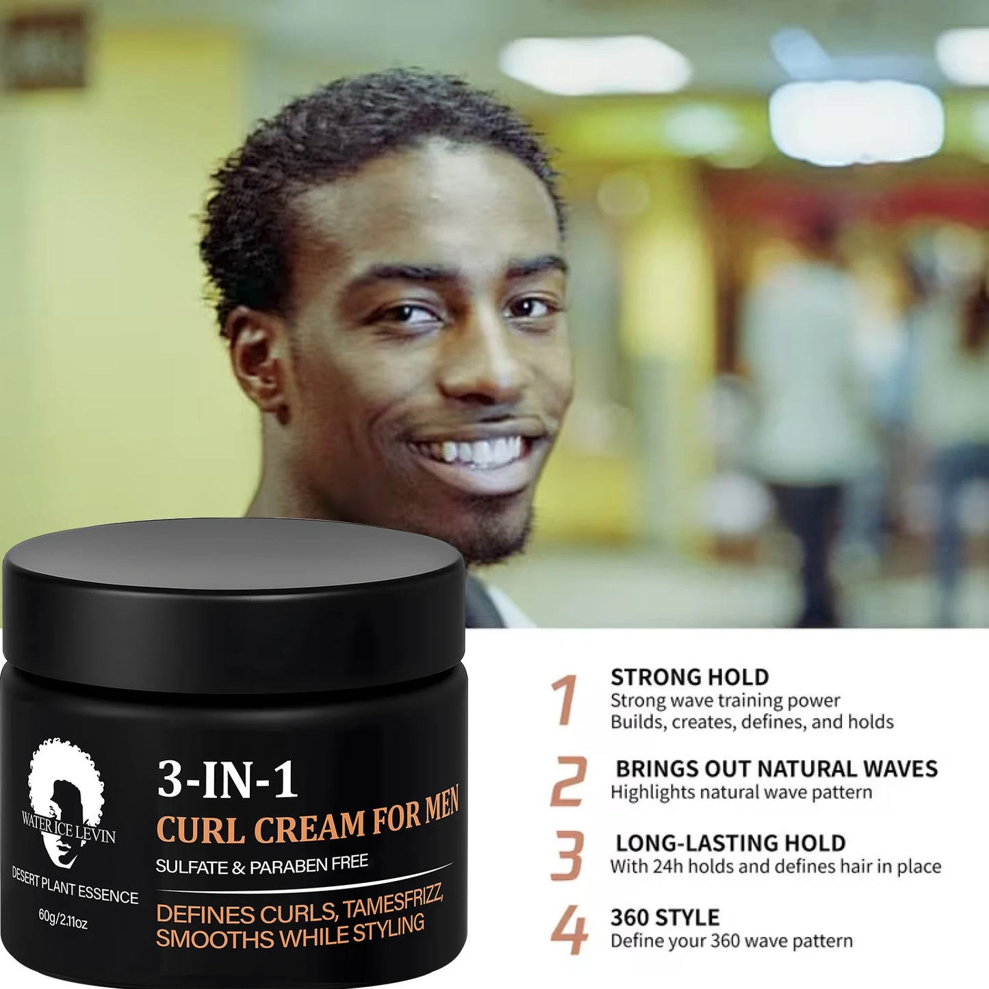 Men's 3-in-1 Curl Cream with Collagen & Coconut Oil - Defines Curls, Tames Frizz, Smooths Styling, Sulfate & Paraben Free 60g