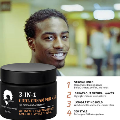 Men's 3-in-1 Curl Cream with Collagen & Coconut Oil - Defines Curls, Tames Frizz, Smooths Styling, Sulfate & Paraben Free 60g