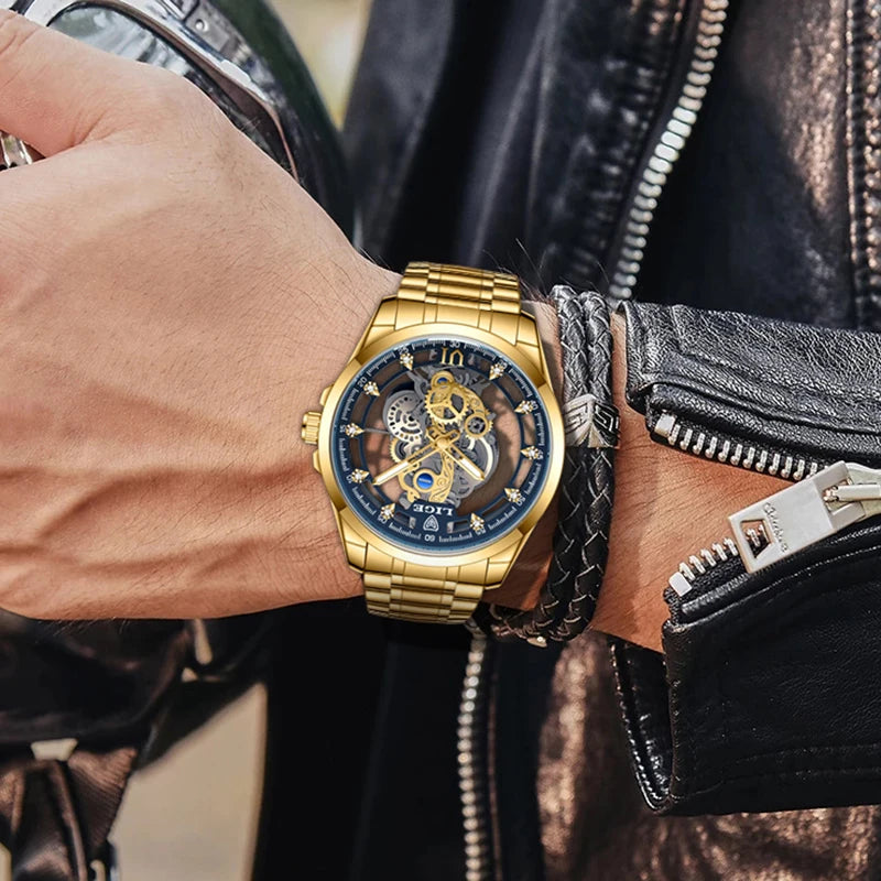 2025 LIGE Men Watch Skeleton Automatic Quartz Watch Gold Skeleton Vintage Man Watch Mens Watches Top Brand Luxury часы мужские