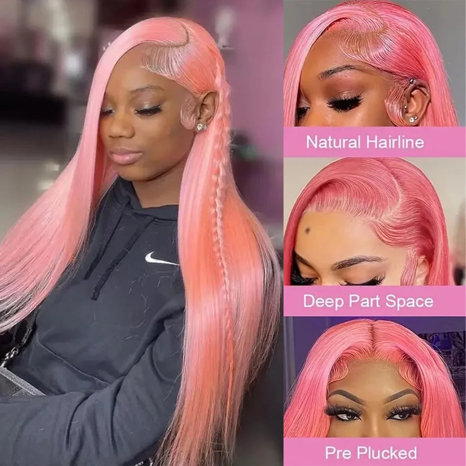 Bone Straight Pink 13x4 13x6 HD Transparent Lace Front Wigs Colored Pink Brazilian Hair Pre Plucked Human Hair Wigs For Women