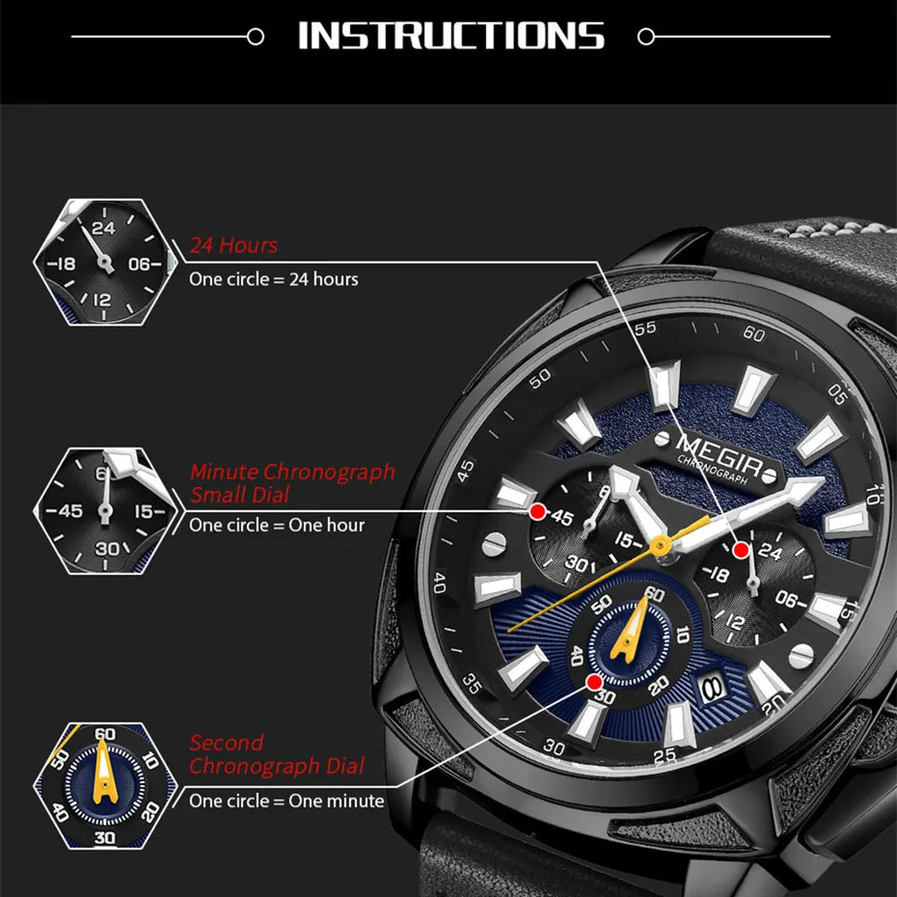 MEGIR Men Sport Watches 46MM Big Dial Chronograph Clock Luxury Quartz Casual Wristwatch Waterproof with Auto Date Relogio +Box