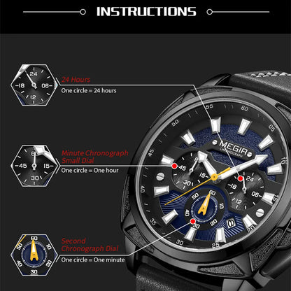 MEGIR Men Sport Watches 46MM Big Dial Chronograph Clock Luxury Quartz Casual Wristwatch Waterproof with Auto Date Relogio +Box