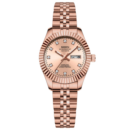 NIBOSI Fashion Women Watches Top Brand Luxury Diamond Ladies Quartz Watches Business Week Display Female Clock Wristwatch Reloj