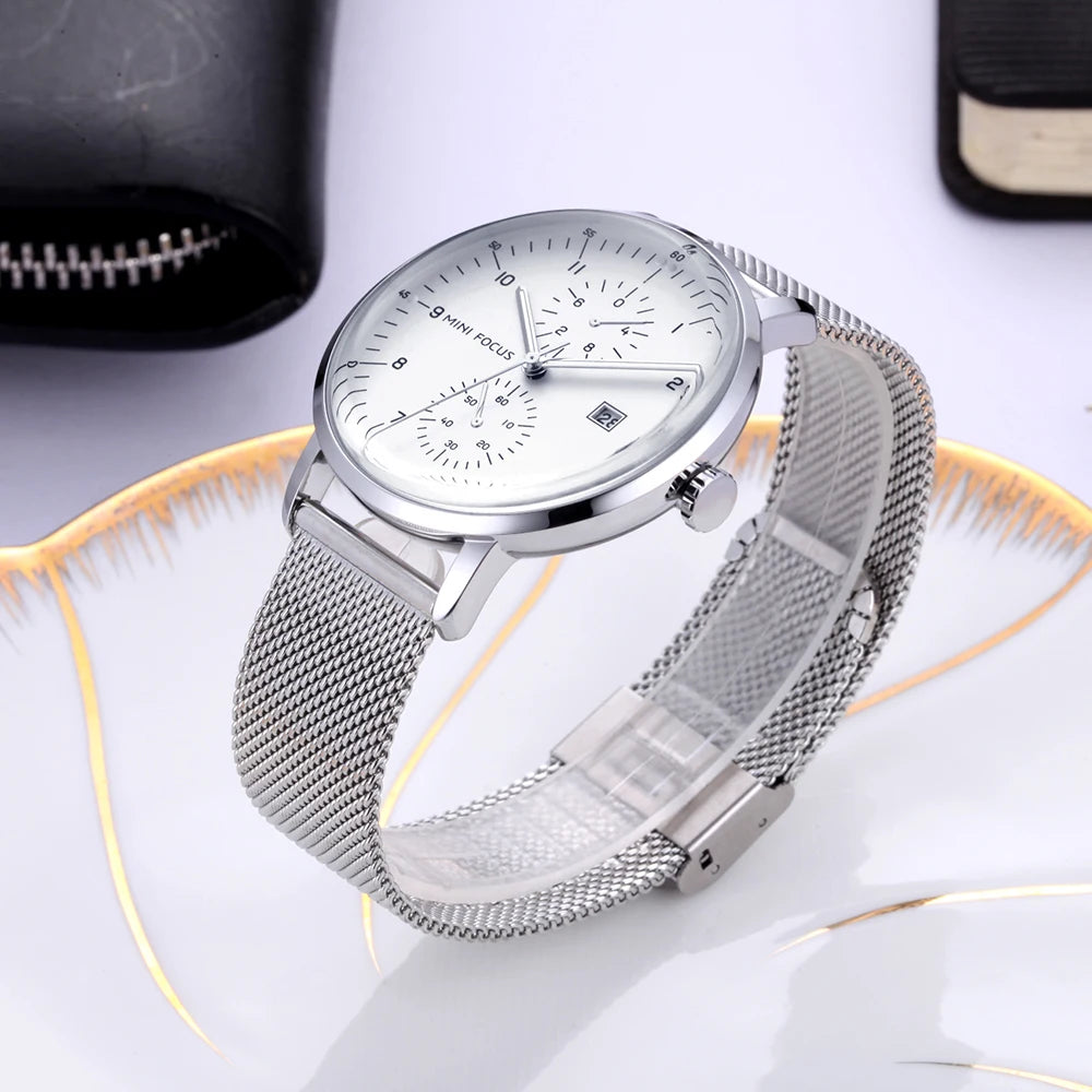 MINI FOCUS Luxury Waterproof Mens Watches Calendar Window Silver Business Quartz Watch Stainless Steel Strap Luminous Hands 0052