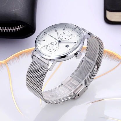 MINI FOCUS Luxury Waterproof Mens Watches Calendar Window Silver Business Quartz Watch Stainless Steel Strap Luminous Hands 0052