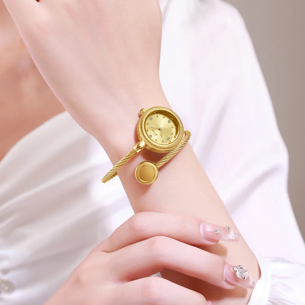 Missfox Gold Mini Watches For Women Causal Fashion Open Band Small Watch Power By Battery Ladies Wristwatches New Hot For Gift