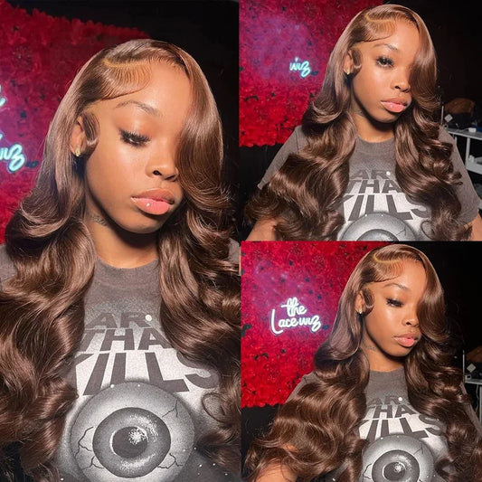 13x4 HD Chocolate Brown Body Wave Human Hair Lace Front Wigs Pre Plucked Brown Colored Transparent Lace Frontal Wigs For Women