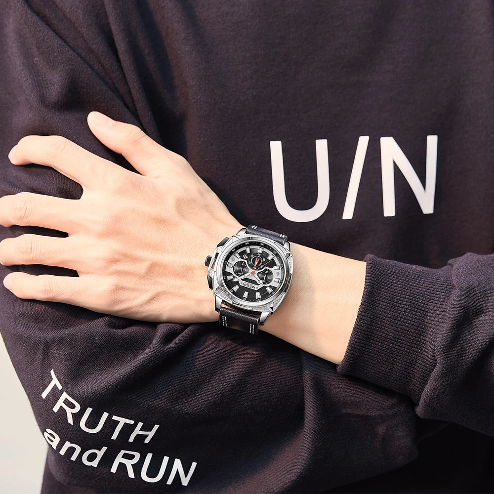 MEGIR Men Sport Watches 46MM Big Dial Chronograph Clock Luxury Quartz Casual Wristwatch Waterproof with Auto Date Relogio +Box
