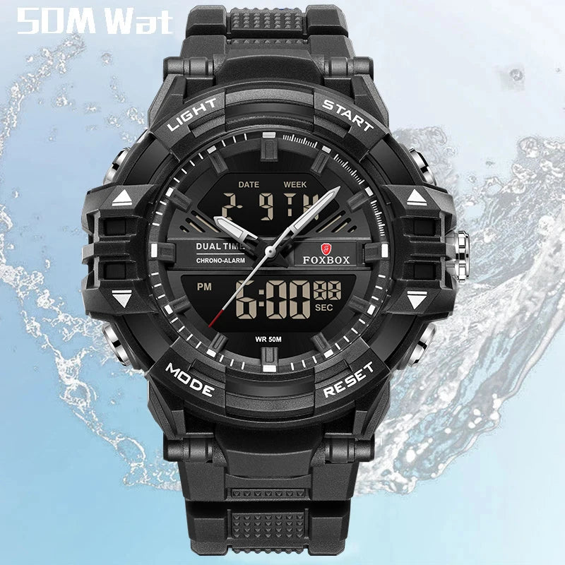 FOXBOX Outdoor Electronic Watch Fashion Casual Sports Silicone Dual Time Displsy Men's Watches 5Bar Waterproof Alarm Chronograph