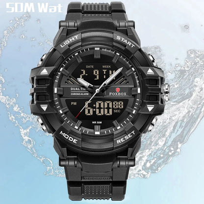 FOXBOX Outdoor Electronic Watch Fashion Casual Sports Silicone Dual Time Displsy Men's Watches 5Bar Waterproof Alarm Chronograph