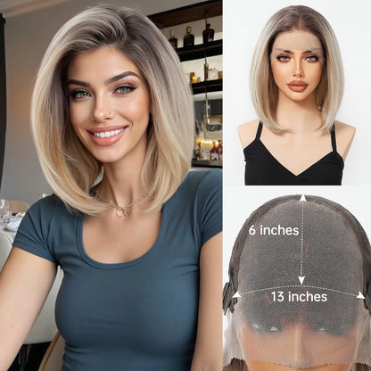 HENRY MARGU Gray To Light Blonde Bob Lace Front Wigs Short Straight Daily Synthetic Wig 13*6 Lace Frontal Wig for Women Party