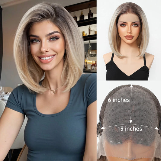 HENRY MARGU Gray To Light Blonde Bob Lace Front Wigs Short Straight Daily Synthetic Wig 13*6 Lace Frontal Wig for Women Party