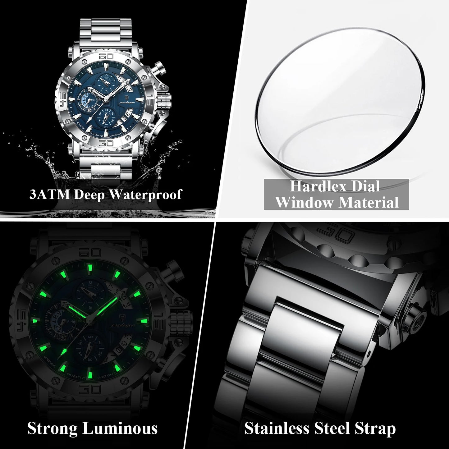 POEDAGAR Luxury Men's Watch Calendar Luminous Waterproof Man Clock Chronograph Stainless Steel Quartz Watches For Men Reloj Gift
