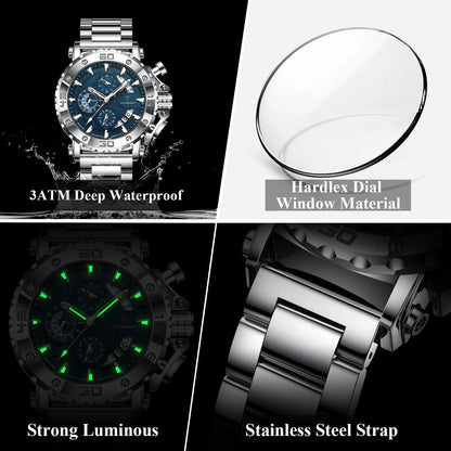 POEDAGAR Luxury Men's Watch Calendar Luminous Waterproof Man Clock Chronograph Stainless Steel Quartz Watches For Men Reloj Gift