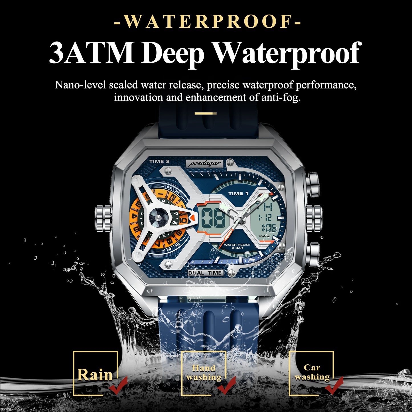 POEDAGAR Luxury Men Wristwatch Date Week Luminous LED Quartz Man Clock Silicone Strap Electronic Dual Time Fashion Men's Watches