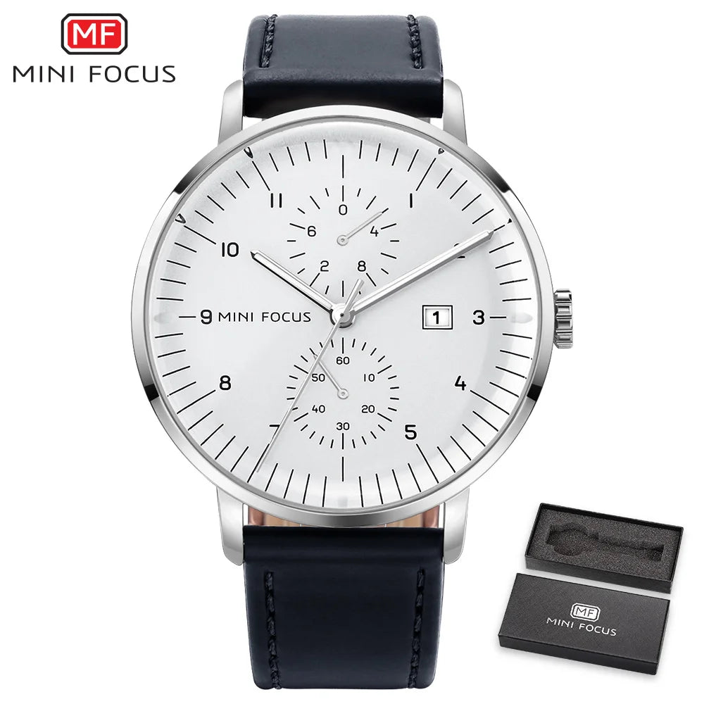 MINI FOCUS Luxury Waterproof Mens Watches Calendar Window Silver Business Quartz Watch Stainless Steel Strap Luminous Hands 0052