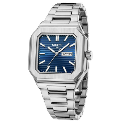 NIBOSI Square Fashion Man Wristwatch Waterproof Luminous Date Week Quartz Men's Watches Stainless Steel Luxury Men Watch Reloj