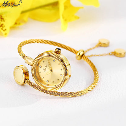 Missfox Gold Mini Watches For Women Causal Fashion Open Band Small Watch Power By Battery Ladies Wristwatches New Hot For Gift
