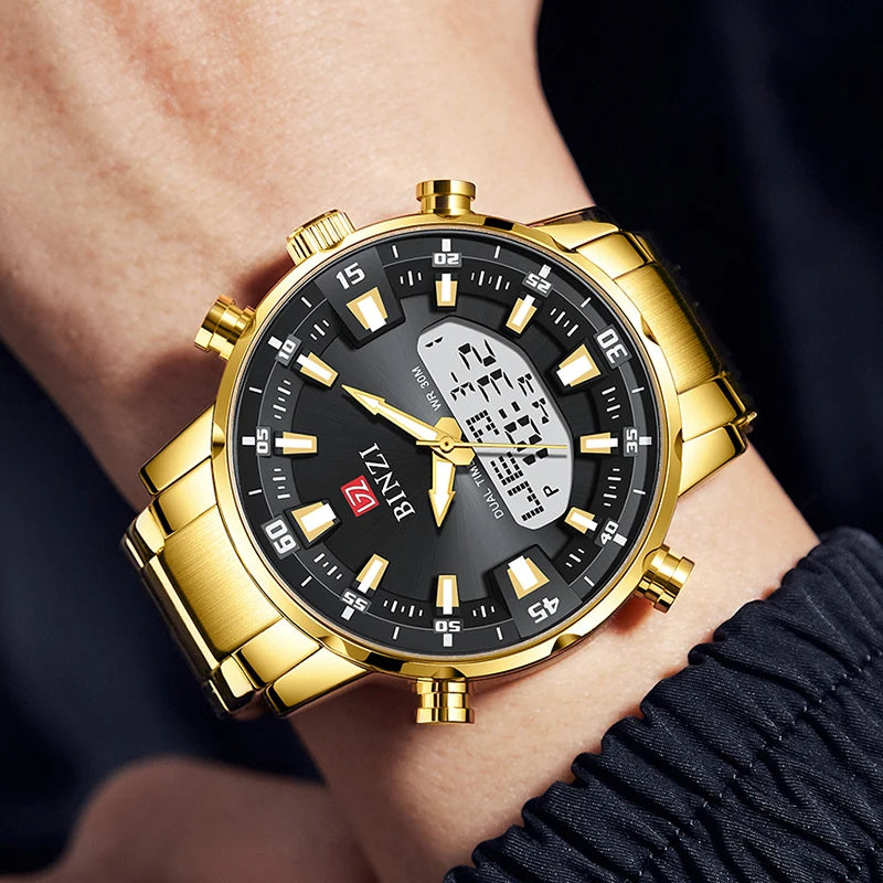 Top Brand Luxury Men Wrist Watch Waterproof Sports Digital Watches Men LED Steel Military Quartz Watch Gold color Big Dial Clock