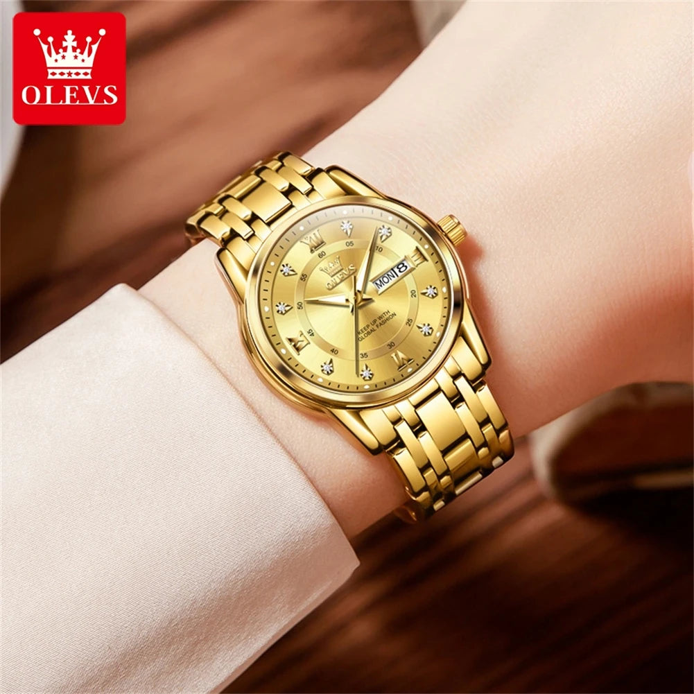 OLEVS Women's Watches Fashion Gold Original  Stainless Steel Waterproof Luminous Wrist Watch Date Classic Elegant Ladies Watch