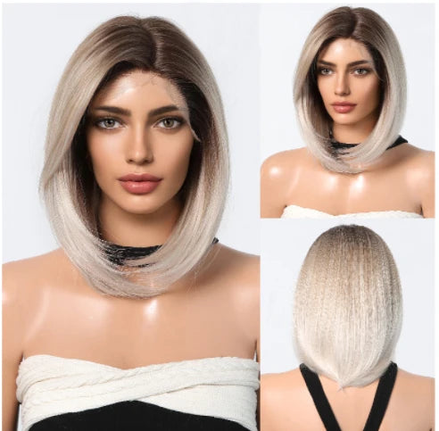 HENRY MARGU Gray To Light Blonde Bob Lace Front Wigs Short Straight Daily Synthetic Wig 13*6 Lace Frontal Wig for Women Party