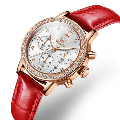 OLEVS Fashion Diamond Watches For Women Luxury Brand Rose Gold Case Ladies Quartz Watch White Leather Strap reloj para mujer