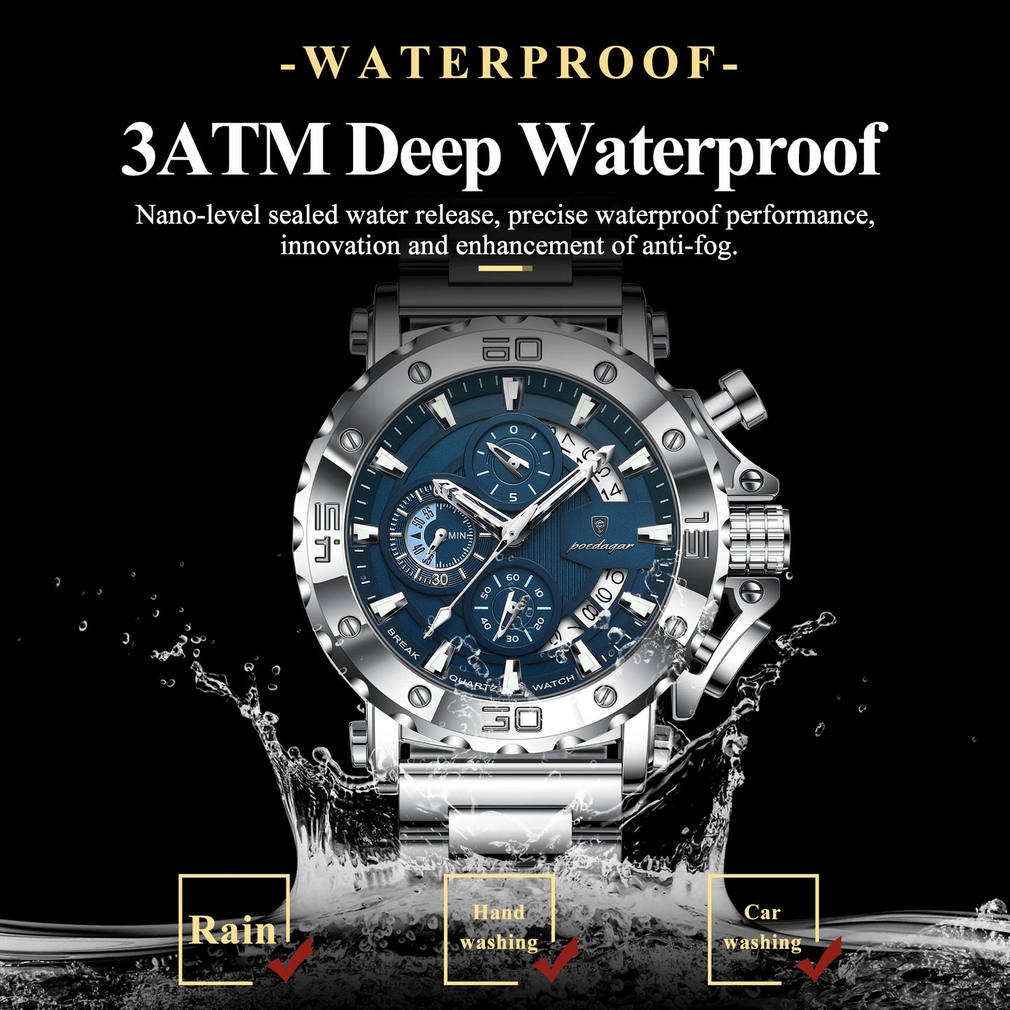 POEDAGAR Luxury Men's Watch Calendar Luminous Waterproof Man Clock Chronograph Stainless Steel Quartz Watches For Men Reloj Gift