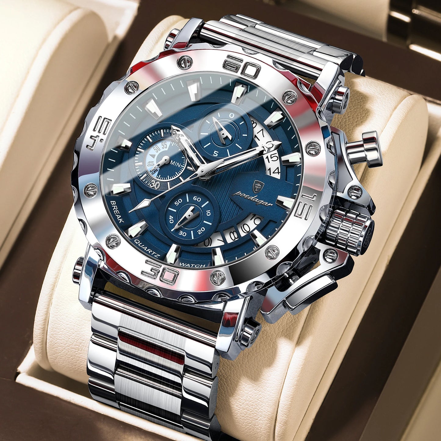 POEDAGAR Luxury Men's Watch Calendar Luminous Waterproof Man Clock Chronograph Stainless Steel Quartz Watches For Men Reloj Gift