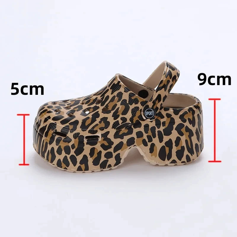 Leopard Chunky Platform Clogs Women 2025 Autumn Summer Comfort Thick Bottom Non Slip Outdoor Slippers Height-Increasing Shoes
