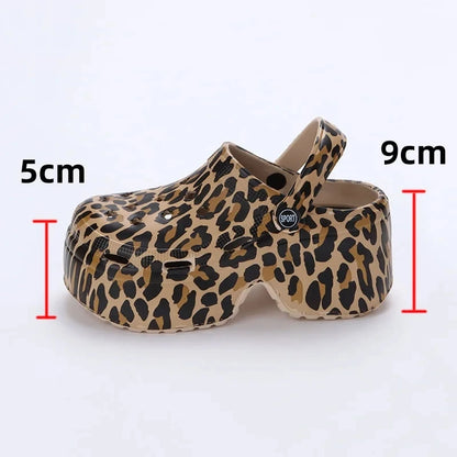 Leopard Chunky Platform Clogs Women 2025 Autumn Summer Comfort Thick Bottom Non Slip Outdoor Slippers Height-Increasing Shoes