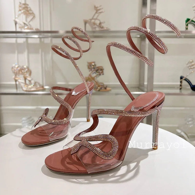 Crystal Decor Snake Shaped Elastic Strap Sandals Women PVC Transparent One Strap Thin Heels Sandalias Summer Dress Shoes Pumps