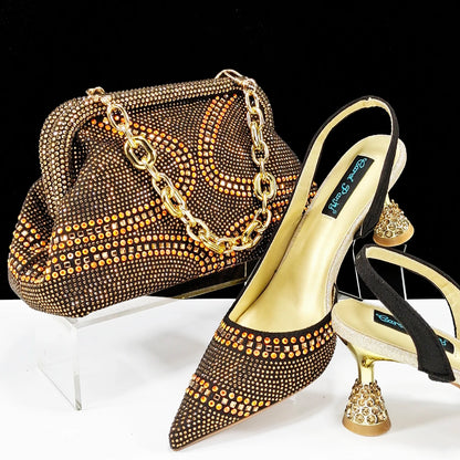 QSGFC New Italian Pumps and Bag To Party 2024 INS Style Pointed-Toe Rhinestone Elegant High Heels Champagne Wedge for Women