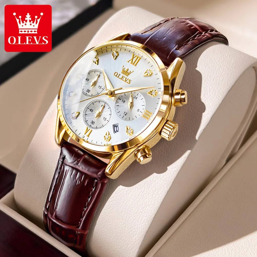 OLEVS Quartz Women's Watch Multifunctional Chronograph Waterproof Luminous Leather Strap Waterproof Luxury Elegant Ladies Watch