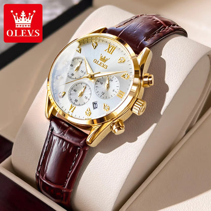 OLEVS Quartz Women's Watch Multifunctional Chronograph Waterproof Luminous Leather Strap Waterproof Luxury Elegant Ladies Watch