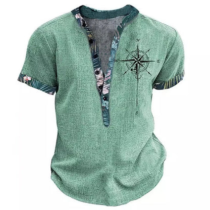 Summer 3D Printed Henry Short Sleeve Shirt Men's Fashion Street Clothing Button Short Sleeve Men's Top