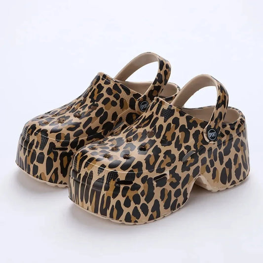 Leopard Chunky Platform Clogs Women 2025 Autumn Summer Comfort Thick Bottom Non Slip Outdoor Slippers Height-Increasing Shoes