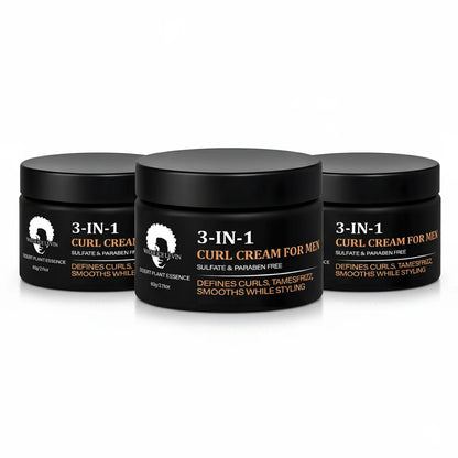 Men's 3-in-1 Curl Cream with Collagen & Coconut Oil - Defines Curls, Tames Frizz, Smooths Styling, Sulfate & Paraben Free 60g