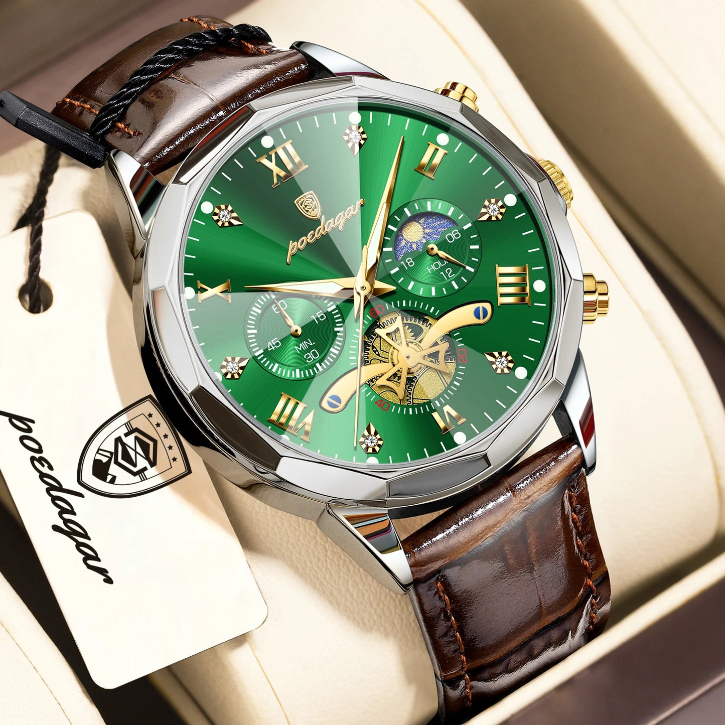 POEDAGAR Luxury Classic Men Clock Waterproof Luminous Chronograph Fashion Man Watch Leather Quartz Casual Business Men's Watches