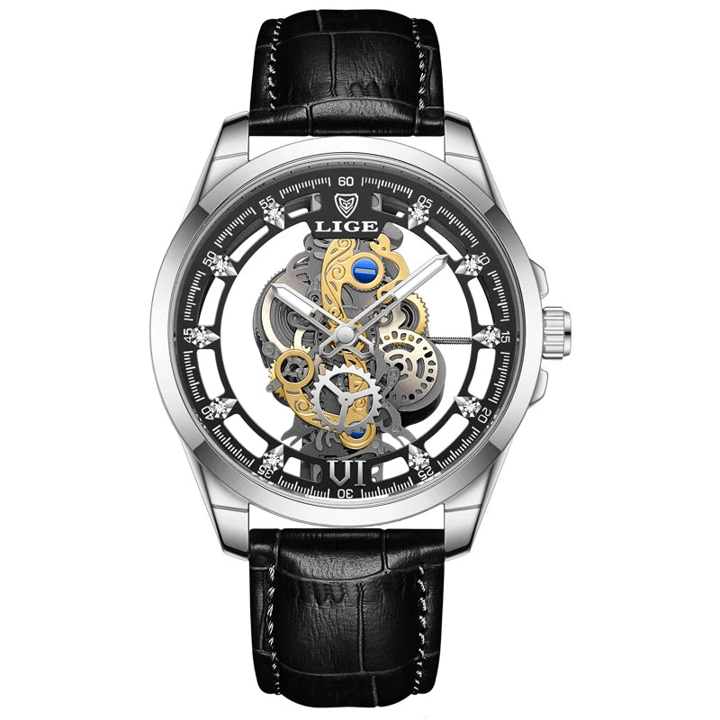 2025 LIGE Men Watch Skeleton Automatic Quartz Watch Gold Skeleton Vintage Man Watch Mens Watches Top Brand Luxury часы мужские