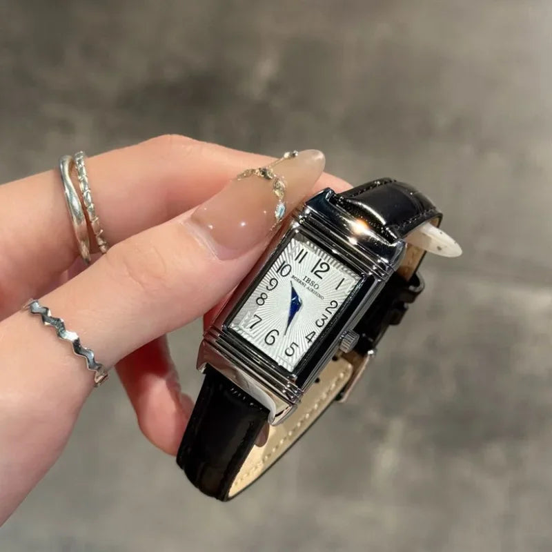 New retro square women's quartz watch with reversible case and leather strap silver watch unique niche watch 21*36mm