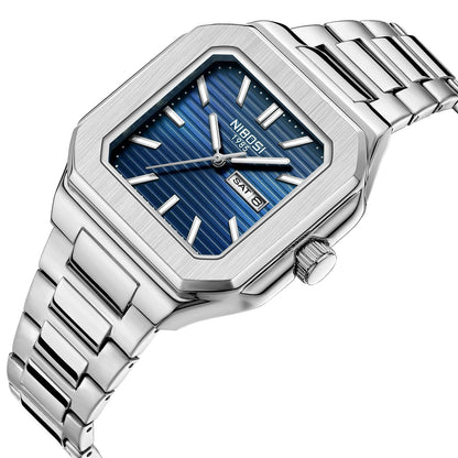 NIBOSI Square Fashion Man Wristwatch Waterproof Luminous Date Week Quartz Men's Watches Stainless Steel Luxury Men Watch Reloj